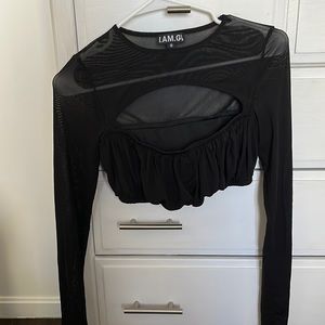Black crop top, arms and shoulders are sheer, breast area is a ruffled polyester